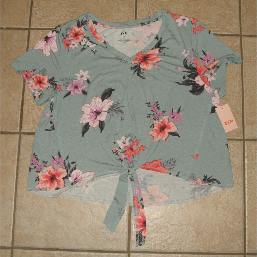 NEW Green Floral Plus Sz 1X Stretchy Linen Blend Tie Front Cropped Shirt EVRI